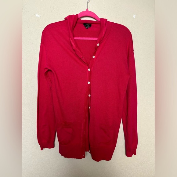 Talbots 100% Pima Cotton Red Raspberry Pink Hooded Cardigan Sweater S - Picture 2 of 7
